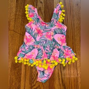 Nicole Miller Tropical Pink and Yellow Kids Swimwear with PomPom Detail 24M